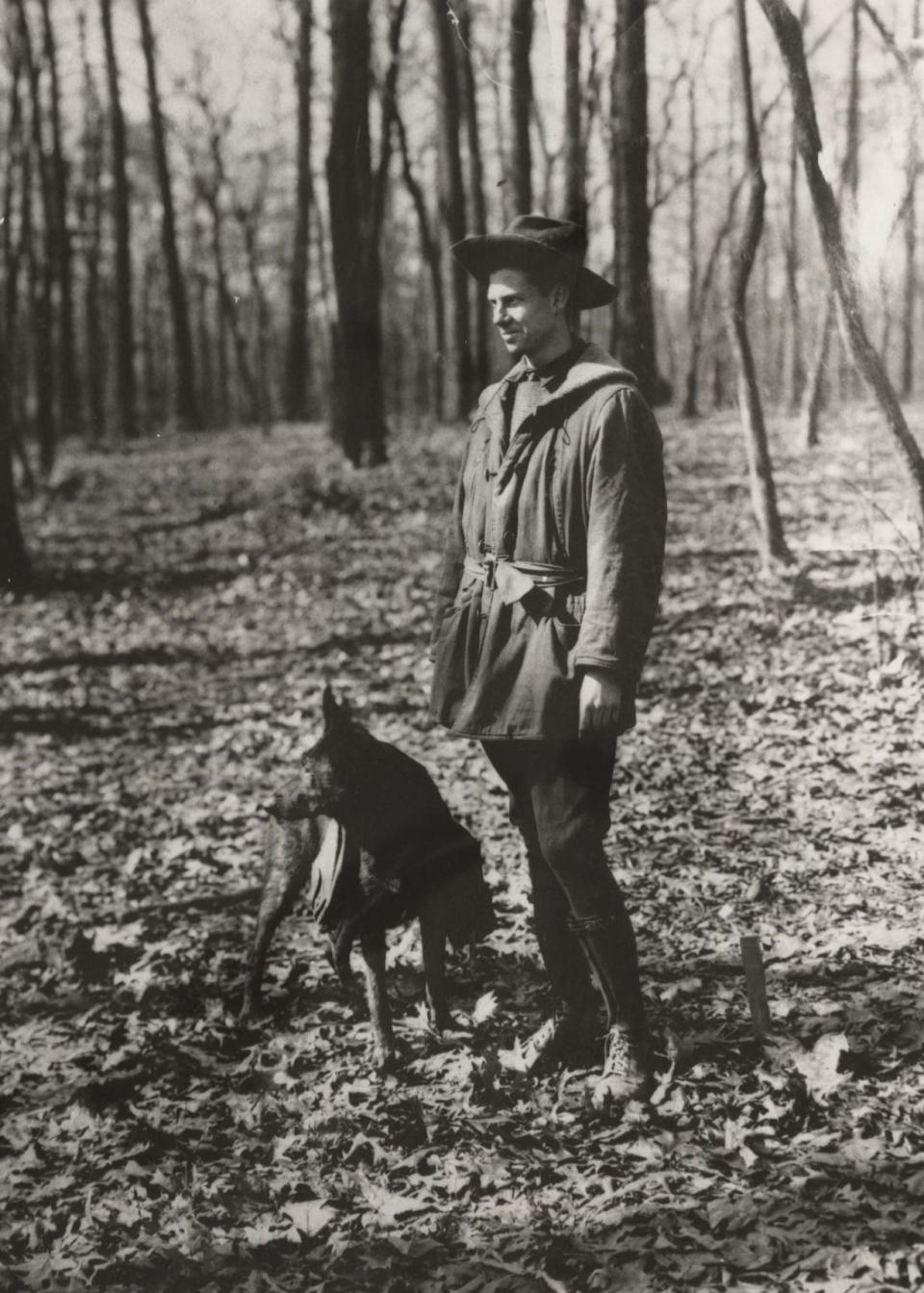 Paul J. Adams and his German shepherd, Cumberland Jack II, also known as Smoky Jack, winter 1925. Adams served as the steward of the first official campsite atop Mount Le Conte and trained his former police dog to fetch supplies from the bottom of the mountain – a round trip of several miles.