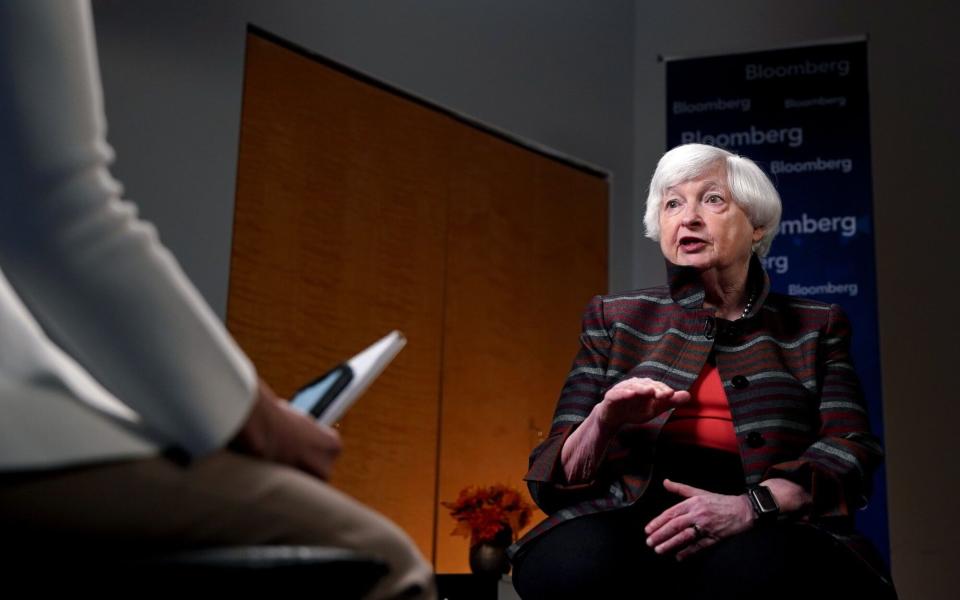 Janet Yellen, US Treasury Secretary, right, during an interview today with Bloomberg TV