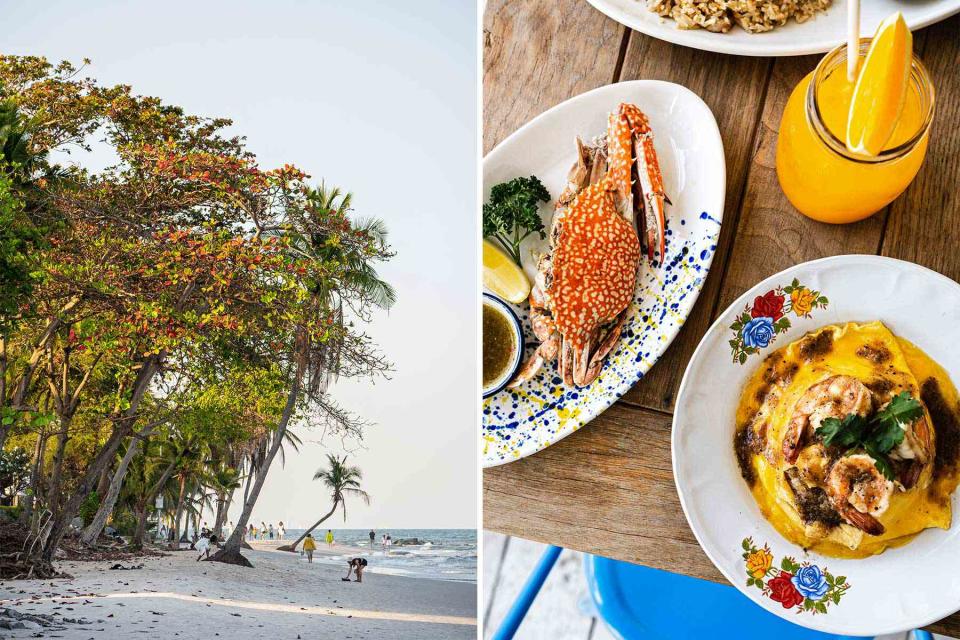<p>Chris Schalkx</p> From left: Walking along the beach in Hua Hin, Thailand; steamed blue swimmer crab and shrimp egg chiffon at Chow Mong, the restaurant at the Peri Hotel Hua Hin.