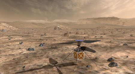 NASA's Mars Helicopter, a small, autonomous rotorcraft, which will travel with the agency's Mars 2020 rover, currently scheduled to launch in July 2020, to demonstrate the viability and potential of heavier-than-air vehicles on the Red Planet, is shown in this artist rendition from NASA/JPL in Pasadena, California, U.S. May 11, 2018. Courtesy NASA/JPL-Caltech/Handout via REUTERS