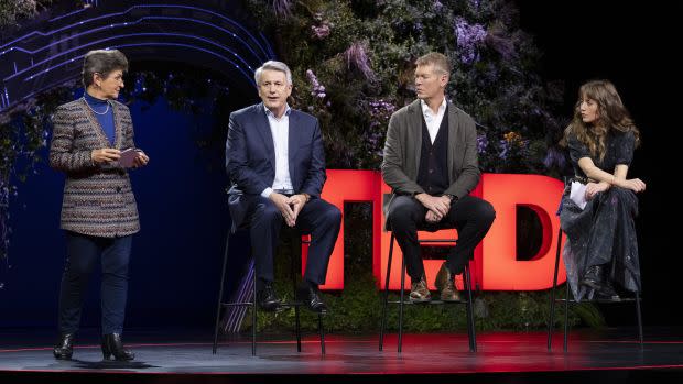 Host Christiana Figueres, Ben van Beurden, Chris James, and Lauren MacDonald speak at Session 4 at TED Countdown Summit on October 14, 2021. TED Countdown Summit. October 12-15, 2021, Edinburgh, Scotland. Photo: Ryan Lash / TED