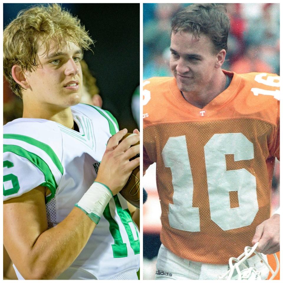 Left: Arch Manning, junior quarterback at Isidore Newman, in 2021. Right: Peyton Manning with the Tennessee Vols in 1997