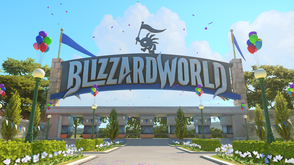Screenshot from Overwatch video game with a large banner displaying the words Blizzard World.