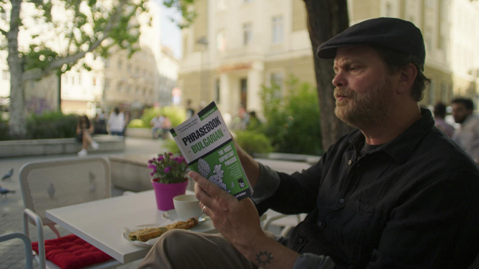 This image released by Peacock shows Rainn Wilson in Bulgaria in a scene from "Rainn Wilson and the Geography of Bliss." (Peacock via AP)