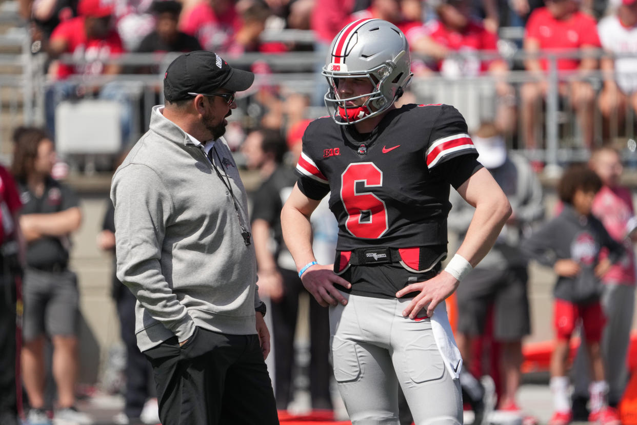 COLUMBUS, OH - APRIL 15: Ohio State Buckeyes head coach Ryan Day talks with Kyle McCord #6 of the Ohio State Buckeyes during the LiFEsports Spring Game, presented by Union Home Mortgage at Ohio Stadium in Columbus, Ohio on April 15, 2023. (Photo by Jason Mowry/Icon Sportswire via Getty Images)