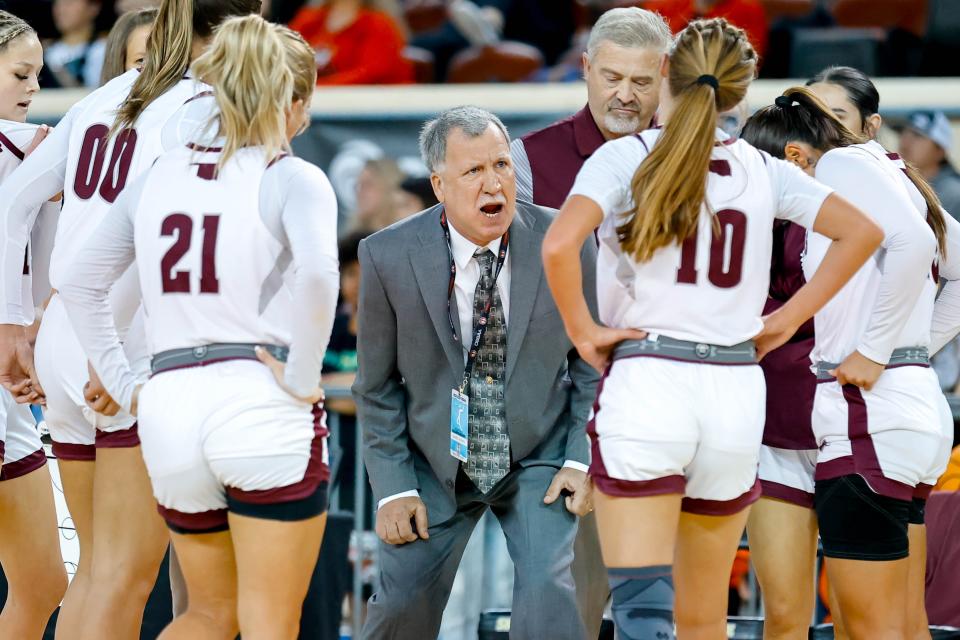 Pocola head coach Mark McKenzie yells to players during a girls basketball Class 2A state quarterfinal game between Pocola and Merritt at Jim Norick Arena in Oklahoma City, on Wednesday, March 6, 2024.