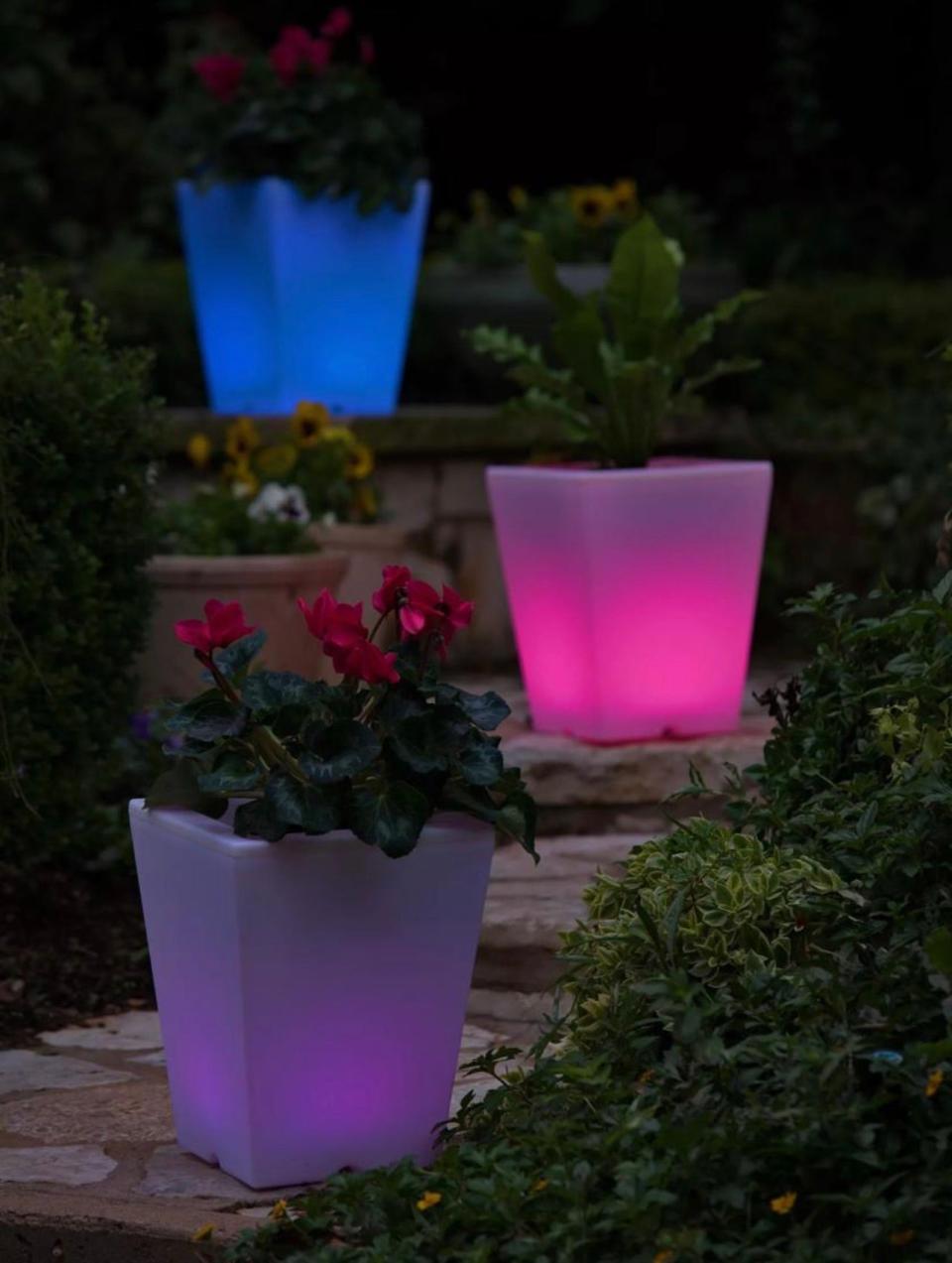 Terraced stone landscaping with LED planters lit up in different colors at night