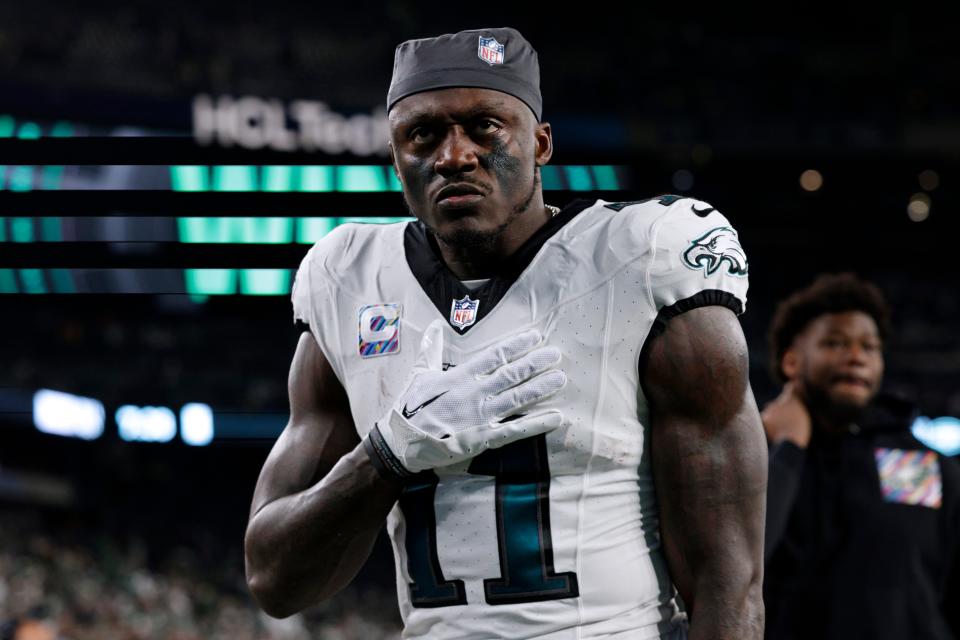 Philadelphia Eagles wide receiver A.J. Brown (11) walks off the field after losing 20-14 to the New York Jets on Sunday, Oct. 15, 2023, in East Rutherford N.J.