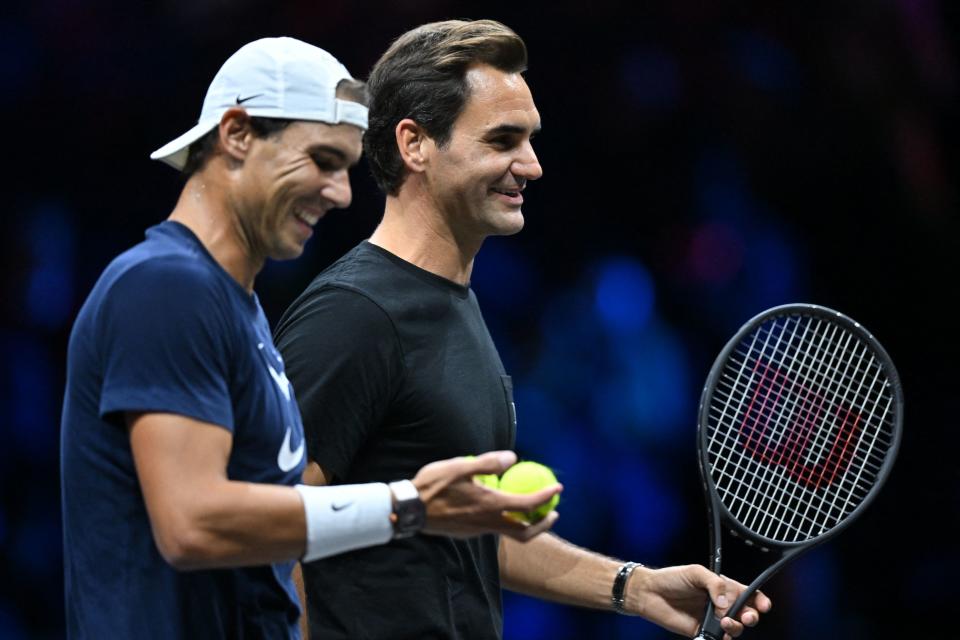 Switzerland&#39;s Roger Federer (R) and Spain&#39;s Rafael Nadal attend a practice session ahead of the 2022 Laver Cup at the O2 Arena in London on September 22, 2022. - RESTRICTED TO EDITORIAL USE (Photo by Glyn KIRK / AFP) / RESTRICTED TO EDITORIAL USE (Photo by GLYN KIRK/AFP via Getty Images)