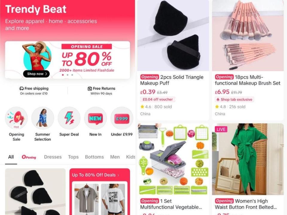 Screenshots of TikTok's feature Trendy Beat with pictures and descriptions of products.