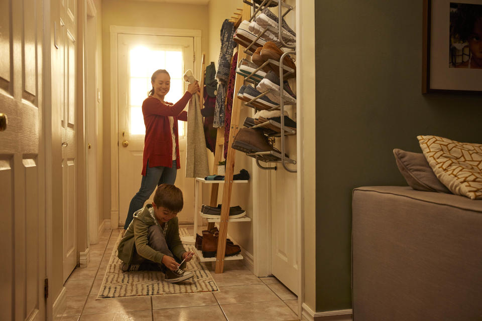 Parent and child with entryway shoe storage