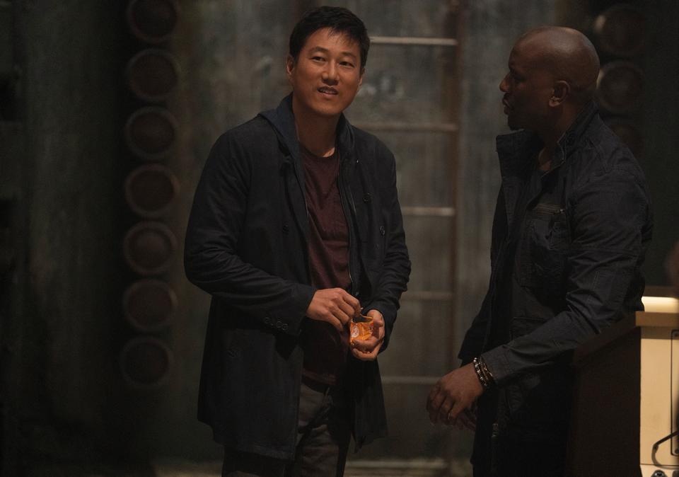 (from left) Han (Sung Kang) and Roman (Tyrese Gibson) in F9, directed by Justin Lin. (Giles Keyte/Universal Pictures)