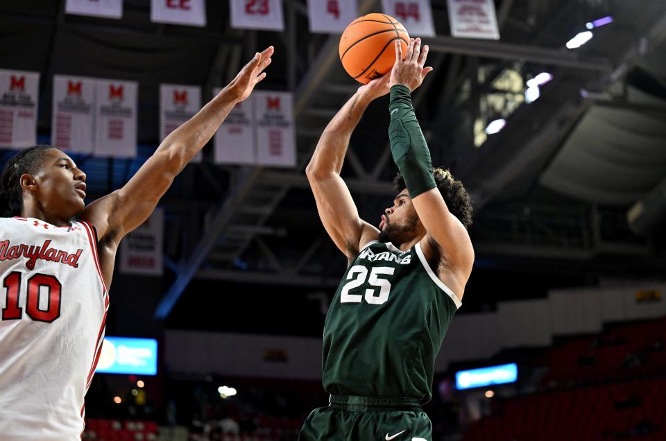 Michigan State forward Malik Hall shoots the ball in the first half against Julian Reese of the Maryland Terrapins at Xfinity Center on Sunday, Jan. 21, 2024 in College Park, Maryland.