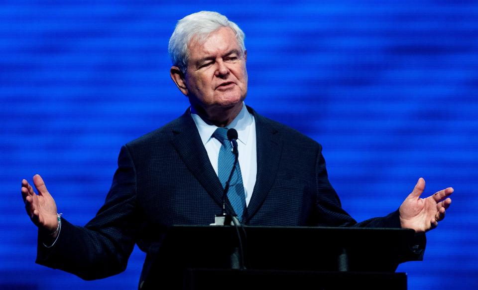 Former Speaker of the House Newt Gingrich gives the keynote address during the Alfa Farmers Annual Meeting at the Convention Center in Montgomery, Alabama, on Dec. 3, 2018.