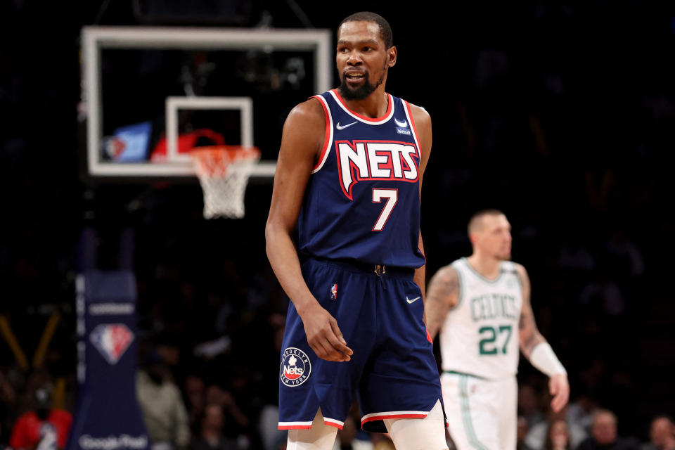 Brooklyn Nets forward Kevin Durant reacts during Game 4 of the Nets&#39; first-round NBA playoffs series against the Boston Celtics at Barclays Center on April 25, 2022. The Celtics swept the Nets. (Brad Penner/USA TODAY Sports)