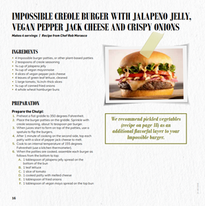 Recipe for Impossible creole burger with jalapeno jelly, vegan pepper jack cheese, and crispy onions