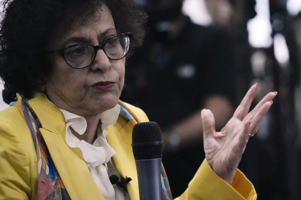 United Nations Special Rapporteur on Freedom of Opinion and Expression Irene Khan gestures during a press conference in Mandaluyong, Philippines on Friday Feb. 2, 2024. A United Nations expert said Friday that steps have been taken under Philippine President Ferdinand Marcos Jr. to deal with human rights atrocities, like the killings of journalists and rights defenders, but added that much more need to be done like ensuring accountability. (AP Photo/Aaron Favila)