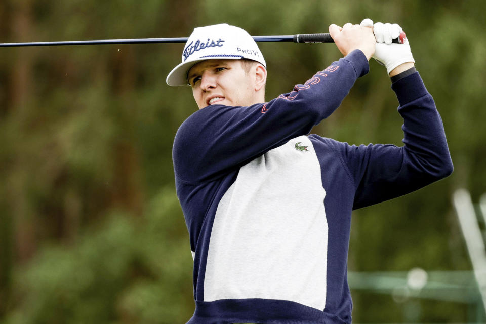 FILE - Germany's Yannik Paul in action during the first round of the European Open golf tournament in Hamburg, Germany, Thursday, June 2, 2022. Yannik Paul is one of the six players fighting for the third and final place up for grabs on the European Points List behind McIlroy and Rahm, as Robert MacIntyre is the driving seat.(AP Photo/Axel Heimken, File)