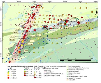Figure 1: Map of the IPLS showing the 2021 Grab Sample Results, 2021 Drill hole locations and outstanding data (till &amp; grab) (CNW Group/Orford Mining Corporation)