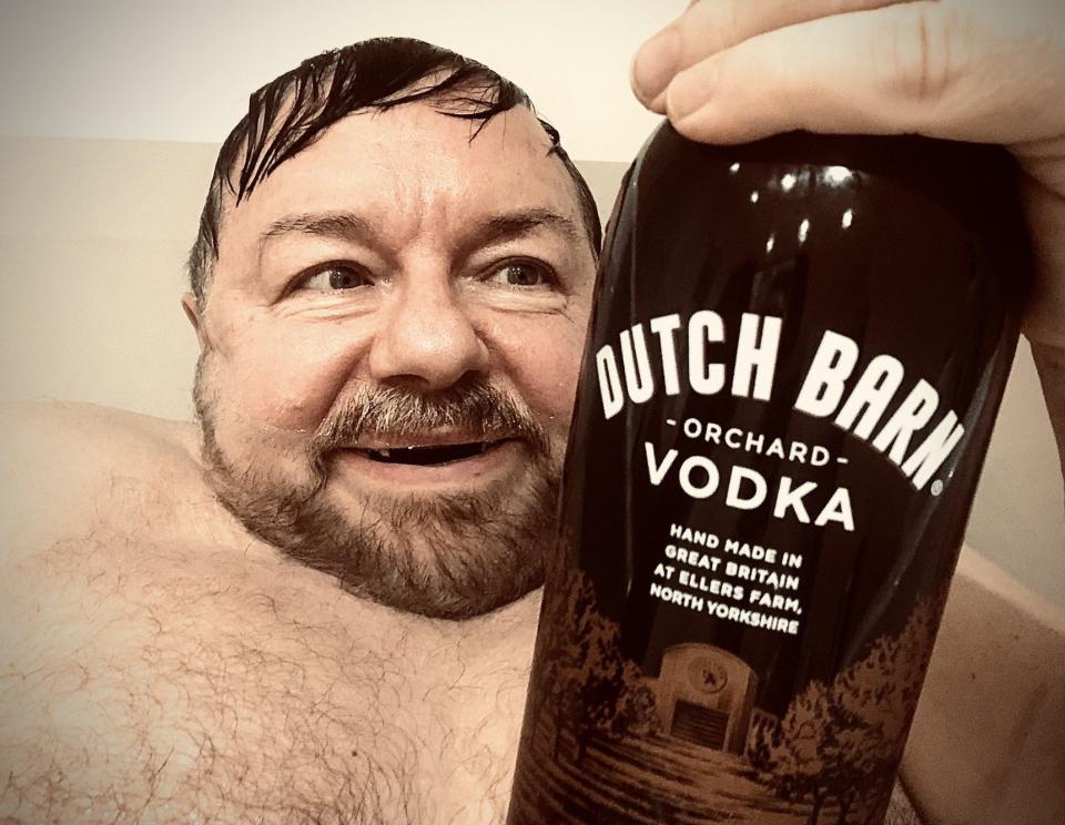 Ricky Gervais tweeted this selfie in the bath with a bottle of a vodka brand he co-owns