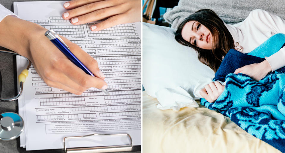 A photo of a medical assessment form and another photo of a fatigued woman lying down.