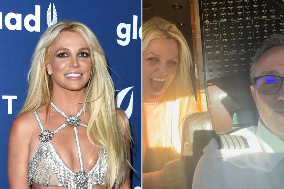 <p>Jon Kopaloff/FilmMagic;Britney Spears/Instagram</p> Britney Spears shared a series of photos from a private jet ride on Instagram, in which she hung out with the pilots. 