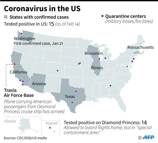 Map showing US states with confirmed cases of new coronavirus, and quarantine centers
