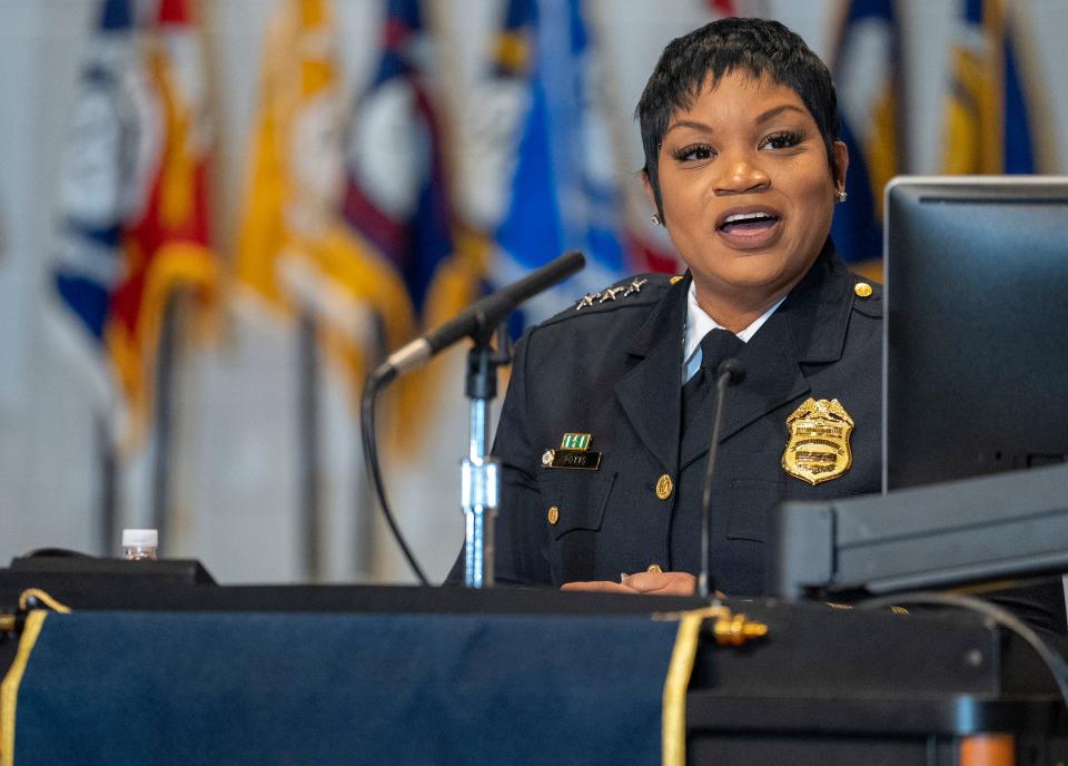 Columbus police First Assistant Chief LaShanna Potts speaks Friday during the graduation ceremony for 49 law enforcement officers at the James G. Jackson Columbus Police Academy.