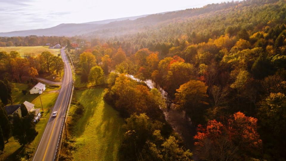 Aerial drone view on the small town Kunkletown, Poconos, Pennsylvania, in the fall via Getty Images