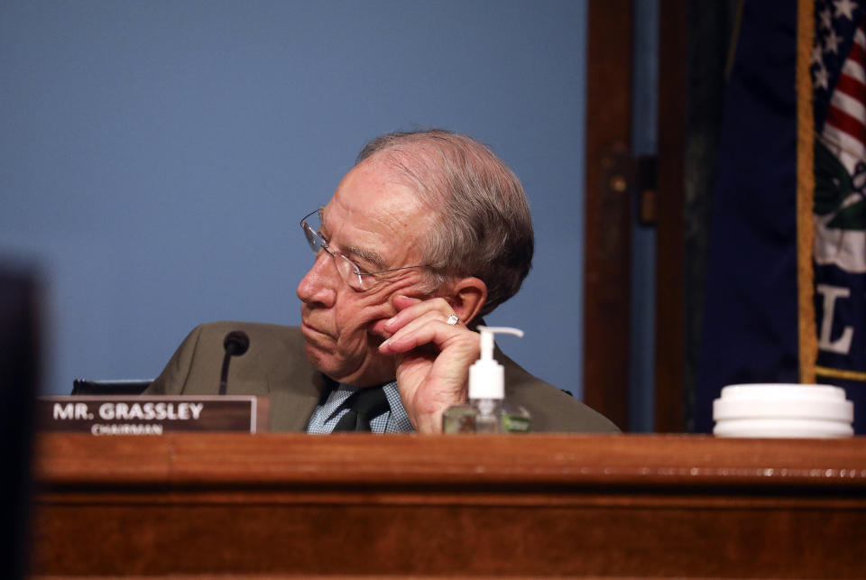 Chairman Sen. Chuck Grassley, R-Iowa, listens during a Senate Finance Committee hearing on "COVID-19/Unemployment Insurance" on Capitol Hill in Washington on Tuesday, June 9, 2020. (Leah Millis/Pool via AP)