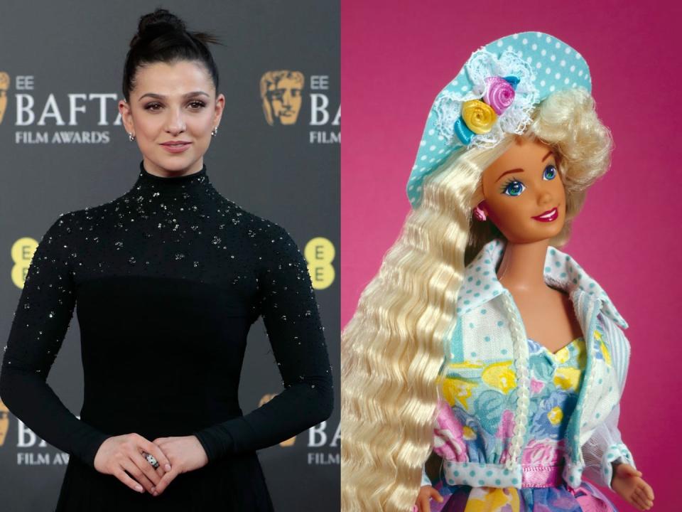 Side by side of Marisa Abela and Teen Talk Barbie.