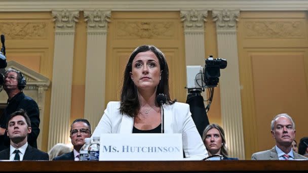 PHOTO: Cassidy Hutchinson, a top former aide to Trump White House Chief of Staff Mark Meadows, testifies during the sixth hearing by the House Select Committee to Investigate the January 6th Attack on the Capitol, June 28, 2022. (Brandon Bell/Getty Images)