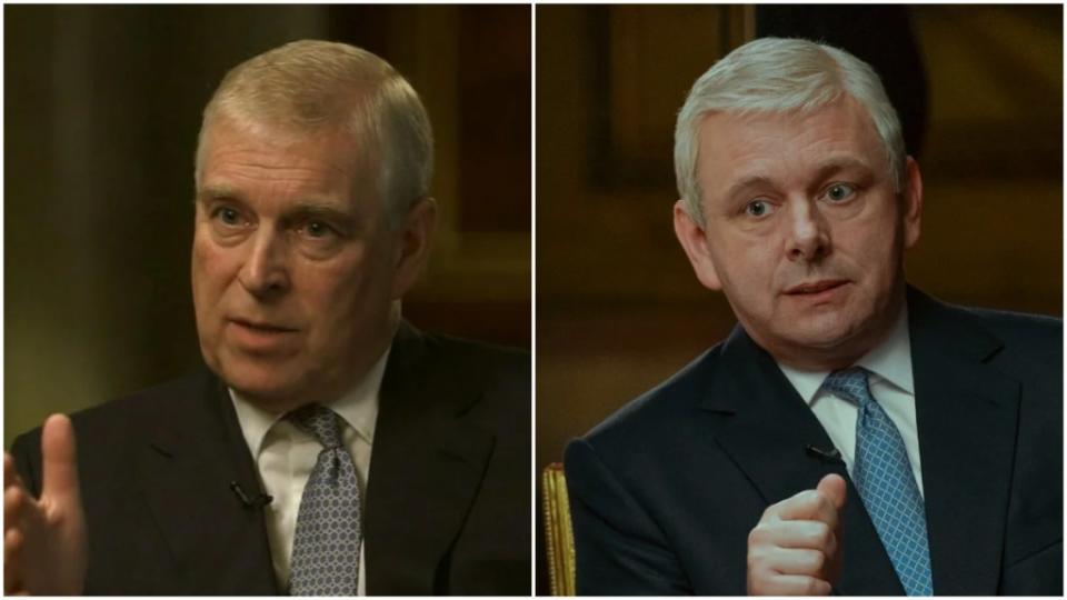 Prince Andrew on “Newsnight,” Michael Sheen in “A Very Royal Scandal” (BBC/Prime Video)