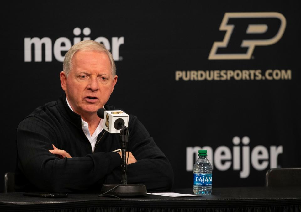 Purdue University Director of Athletics Mike Bobinski addresses the football head coach position opening during a press conference, Thursday, Dec. 8, 2022, at Mackey Arena in West Lafayette, Ind. 