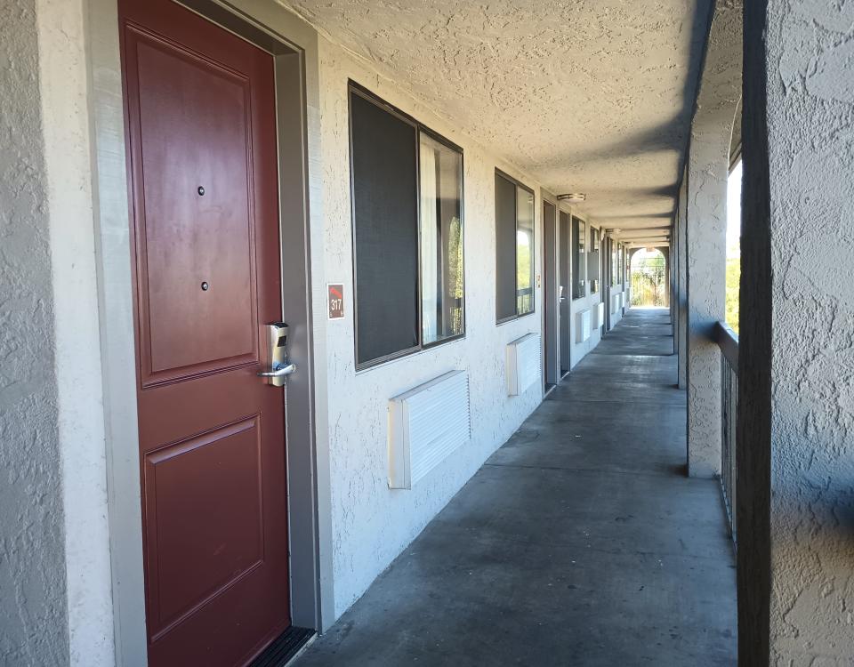 The north walkway of the Red Roof Inn in Stockton on September 12, 2023. An employee said she saw a man in his 30s there in the minutes before Stockton police officers shot him.