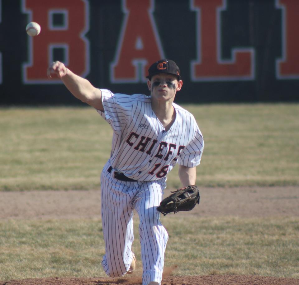 Cheboygan's Chase Swanson (18) throws during game one of Wednesday's home baseball doubleheader against Petoskey.
