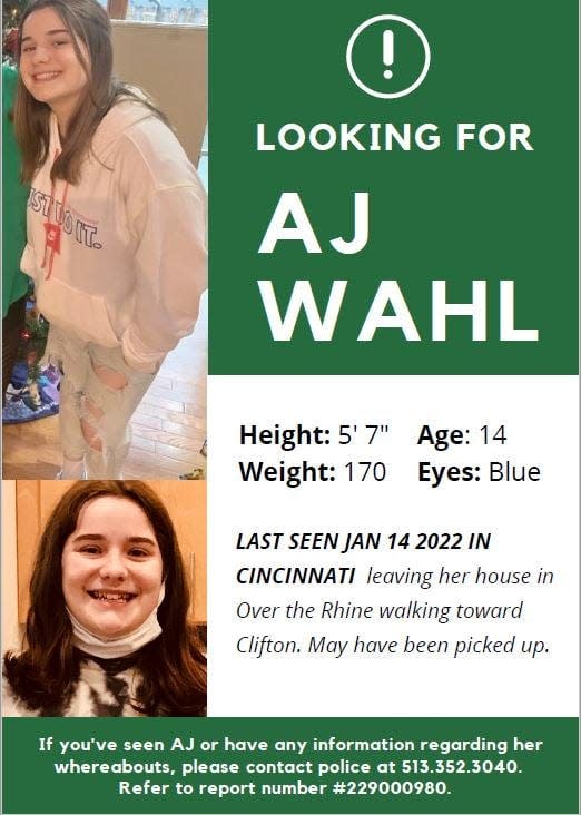 A.J. Wahl, 14, left her home in Over-the-Rhine on Friday and has not been heard from since, her family says