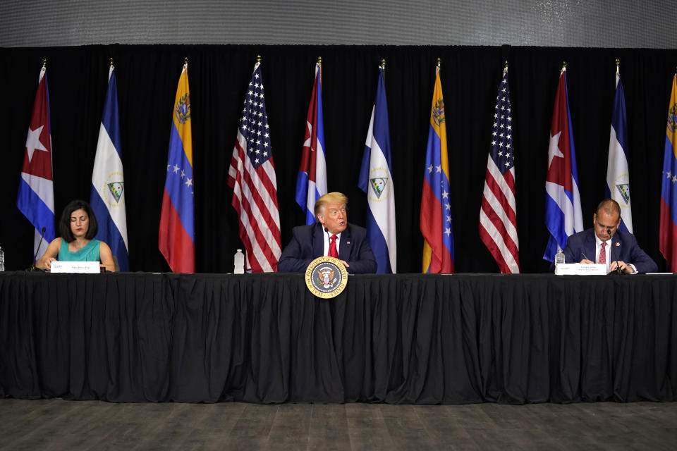 President Donald Trump speaks during a roundtable on Venezuela at Iglesia Doral Jesus Worship Center, Friday, July 10, 2020, in Doral, Fla. (AP Photo/Evan Vucci)