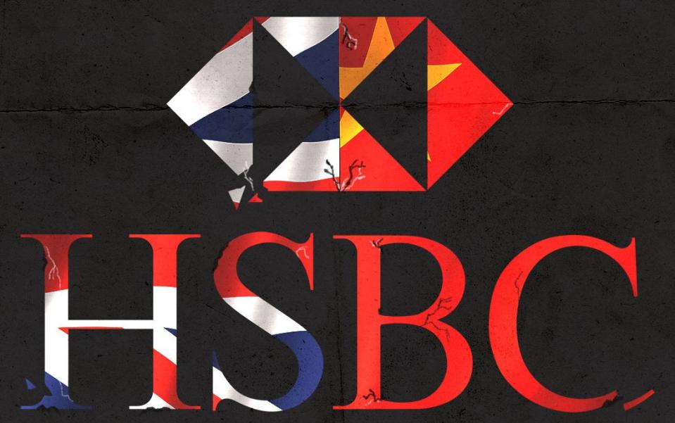 The HSBC logo with UK and China's flags (illustration)