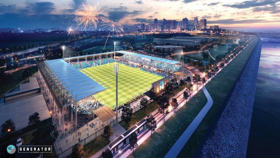 A rendering of a sports arena currently under construction shows what the soccer-specific stadium being built for the KC Current will look like. The facility is being built near Berkley Riverfront Park next to the Missouri River. Generator Studio