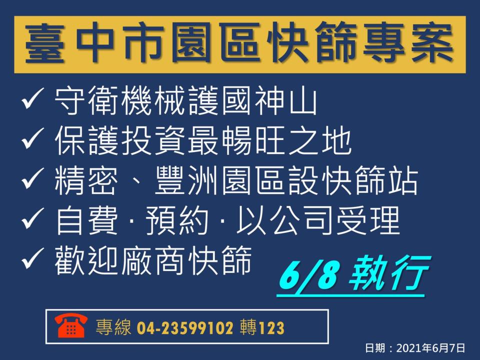 台中市政府針對所轄的「台中市精密機械科技創新園區」及「豐洲科技工業園區」設置快篩站。   台中市政府/提供