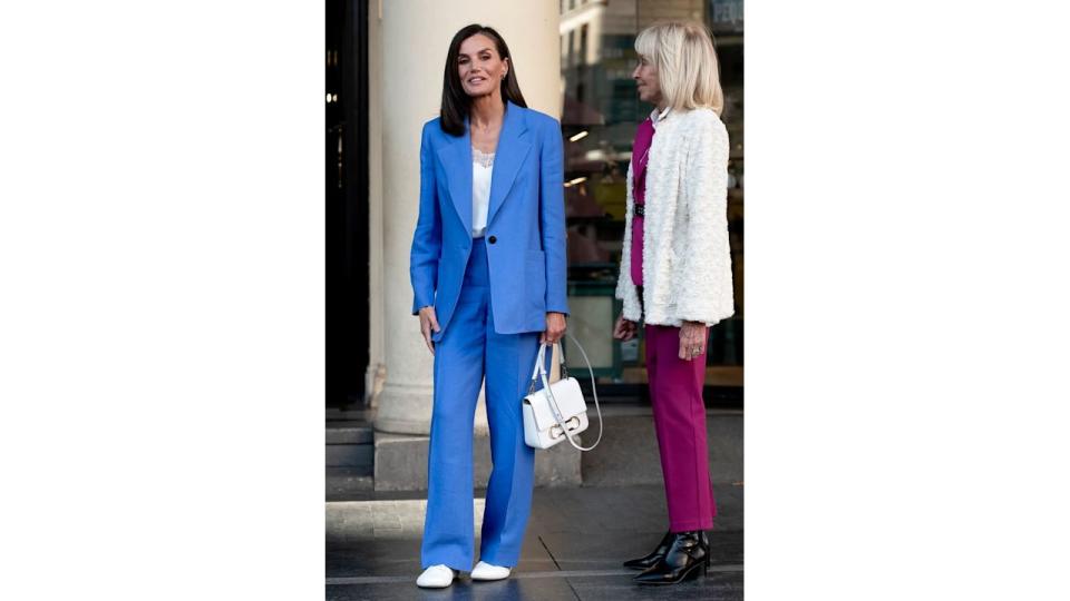 Queen Letizia rocking white accessories and blue suit