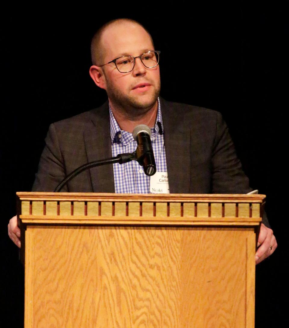 Lakeshore Technical College's Dr. Paul Carlsen speaks after the college being named the Large Business/Industry of the Year during the Manitowoc County Chamber Awards of Distinction, Thursday, March 3, 2022, in Manitowoc, Wis.