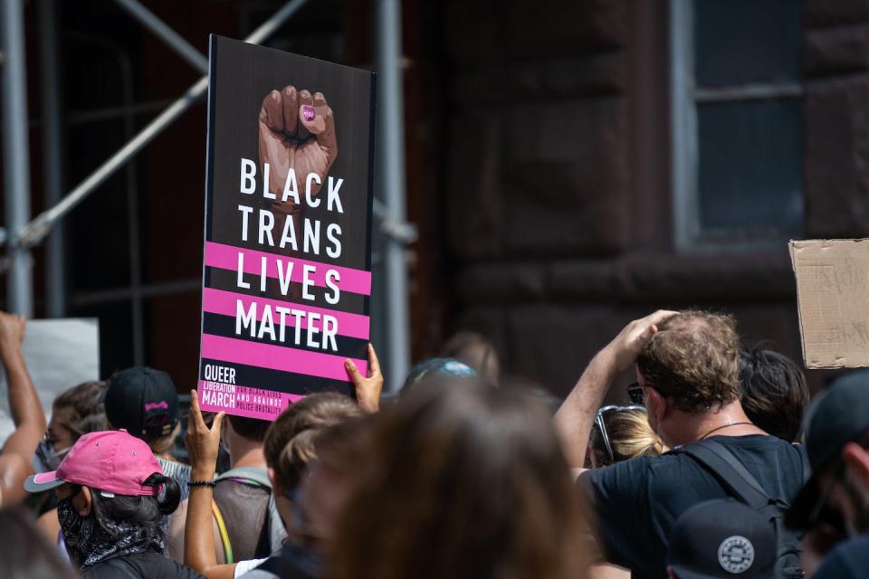 A demonstrator takes part in the Queer Liberation March on June 28, 2020, in New York. <a href="https://www.gettyimages.com/detail/news-photo/an-estimated-20-000-demonstrators-take-part-in-the-queer-news-photo/1223412024?adppopup=true" rel="nofollow noopener" target="_blank" data-ylk="slk:David Dee Delgado/Getty Images;elm:context_link;itc:0;sec:content-canvas" class="link ">David Dee Delgado/Getty Images</a>