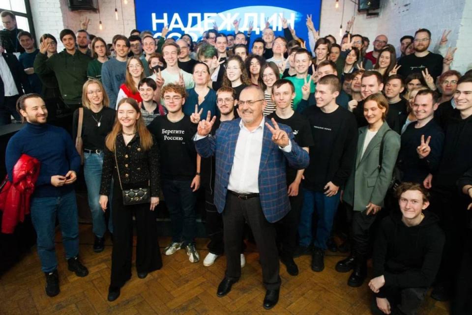 Mr Nadezhdin poses with supporters during an unannounced event in Moscow (Telegram / Boris Nadezhdin)