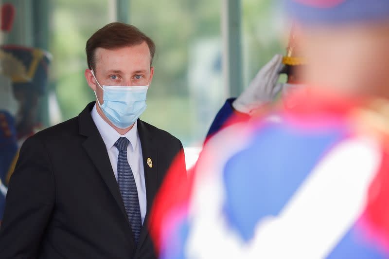 U.S. National Security Adviser Jake Sullivan looks on after meeting with Brazil's Defence Minister Walter Souza Braga Netto (not pictured) at the Ministry of Defence headquarters, in Brasilia