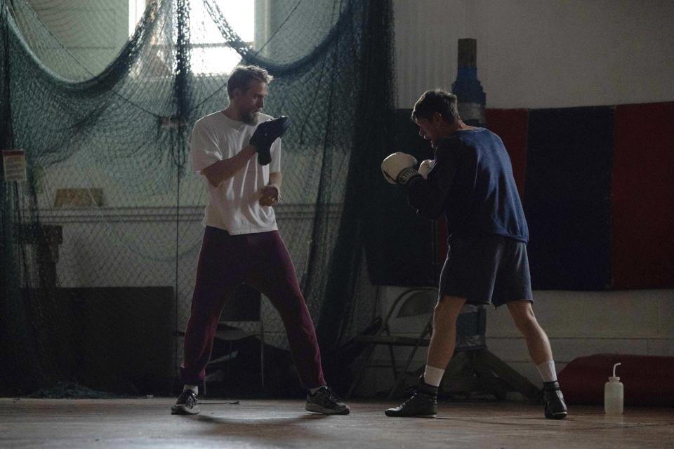 This image released by Paramount Pictures shows Charlie Hunnam, left, and Jack O'Connell in a scene from "Jungleland." (Dana Starbard/Paramount Pictures via AP)