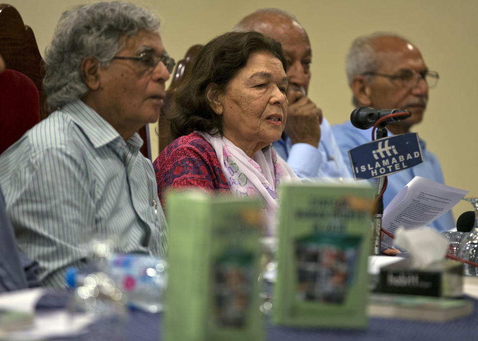 Pakistani human rights activist Nasreen Azhar, second left, addresses the audience at a launching ceremony for the report, State of Human Rights in 2018, in Islamabad, Pakistan, Monday, April 15, 2019. The independent Pakistani watchdog voiced its concern over increasing incidents of forced conversion of minority Hindu girls by Muslims to marry them, saying there is a need to stop this practice through legislation. (AP Photo/B.K. Bangash)