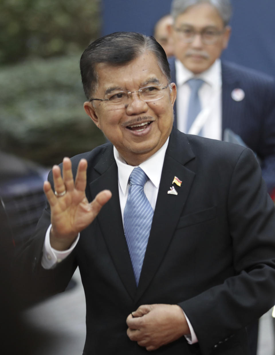 Indonesia's Vice-President Jusuf Kalla arrives for an EU-ASEM summit in Brussels, Friday, Oct. 19, 2018. EU leaders meet with their Asian counterparts Friday to discuss trade, among other issues. (AP Photo/Olivier Matthys)