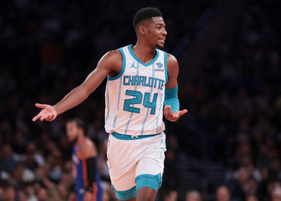 Nov 28, 2023; New York, New York, USA; Charlotte Hornets forward Brandon Miller (24) reacts after a call during the first half against the New York Knicks at Madison Square Garden. Mandatory Credit: Vincent Carchietta-USA TODAY Sports